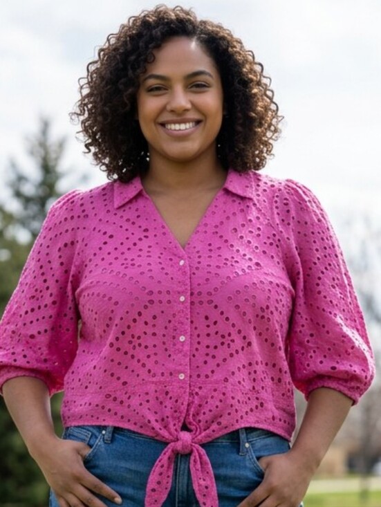 Reitmans Tops - Reitmans Pink Eyelet Button-Front Tie-Hem Blouse